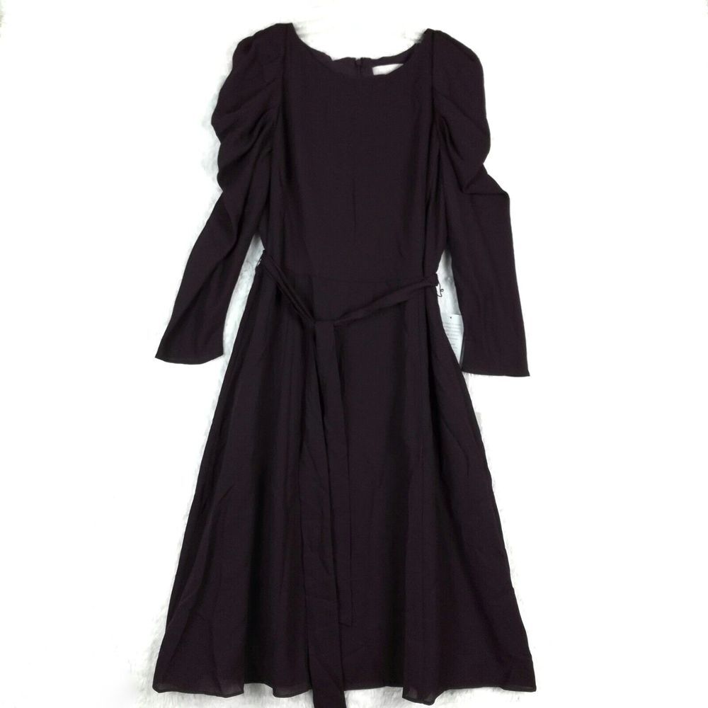 Chelsea28 Womens Dress Puff Sleeve Shoulder Midi Burgundy Purple Tie Belt 14 New